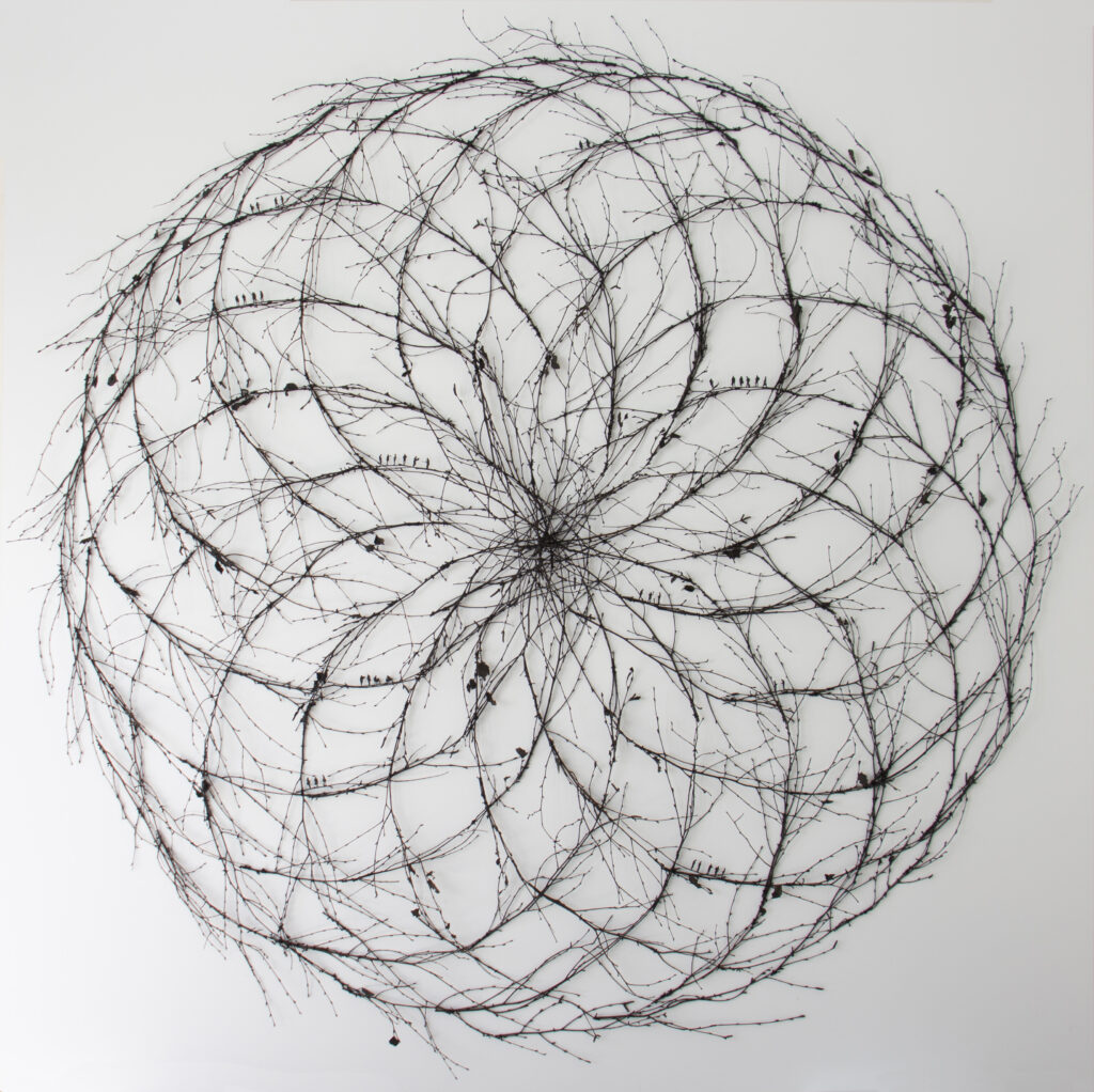Tree of Life, 2022, painted birch twigs, paper, twine, 160 x 160 cm diameter, Linkedin EMEA Dublin HQ commission